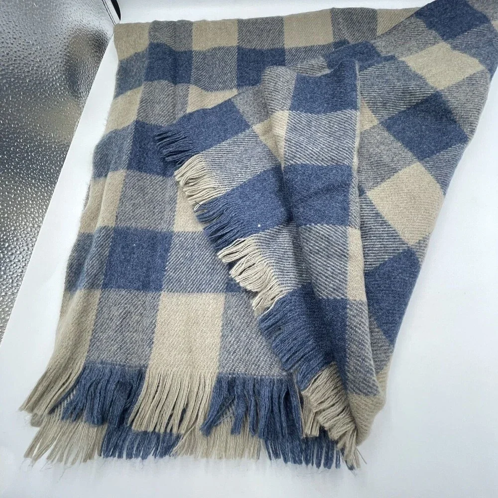 Unisex Fringe Scarf Blue Beige Viscose Plaid Long Rectangular 82 X 24.5 Inches
